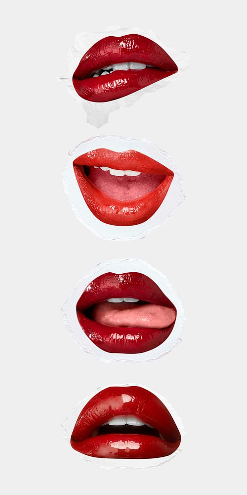 Red lips expression stickers vector Valentine&rsquo;s day theme collection