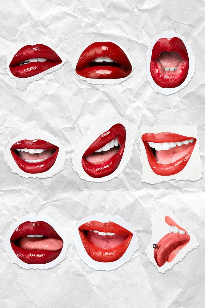 Red lips expression stickers psd sexy Valentine&rsquo;s day theme collection