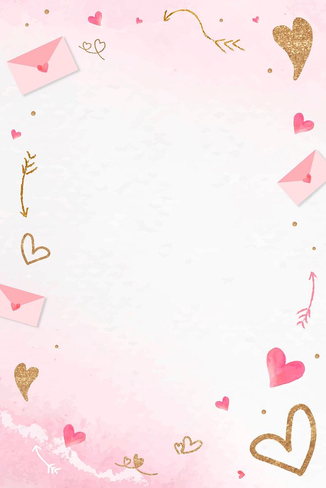 Valentine&rsquo;s gold heart frame pink background