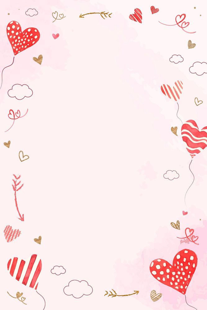 Valentine&rsquo;s heart balloon frame psd pink watercolor background
