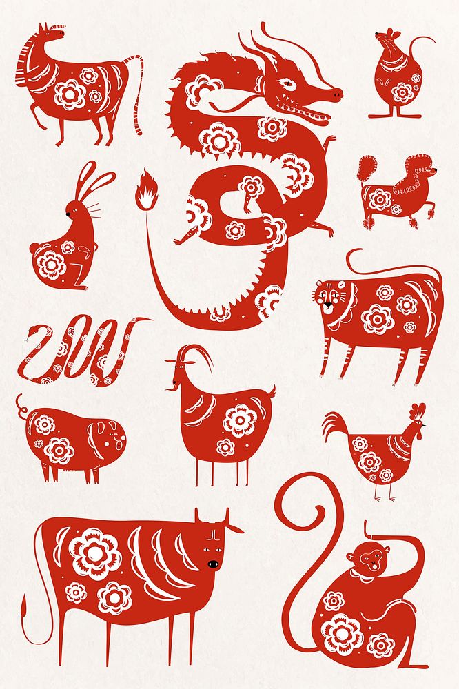 Red animal silhouettes Chinese new year zodiac symbol collection