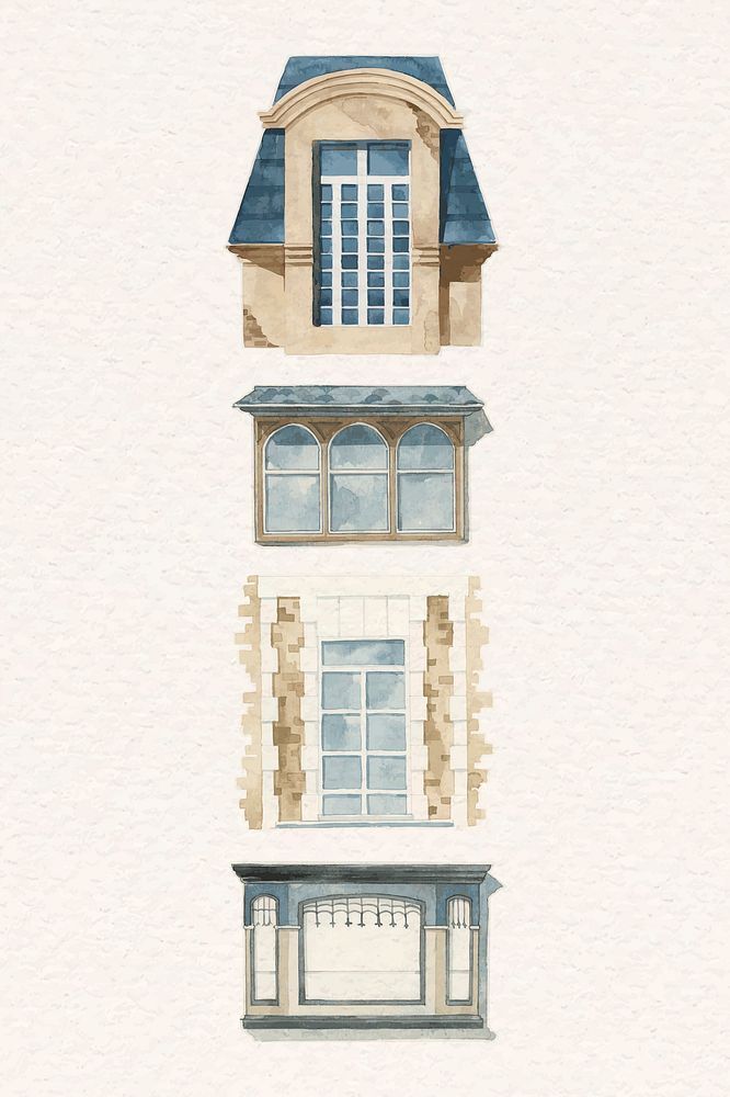 Vintage window architecture watercolor illustration collection