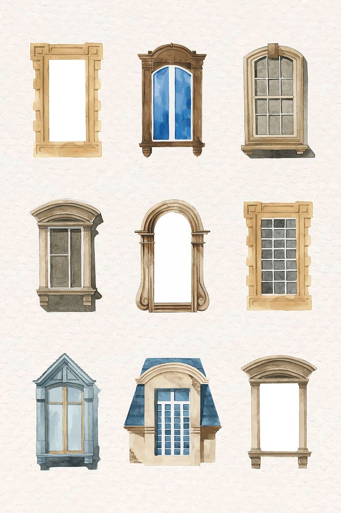 Vector vintage European window architecture watercolor set