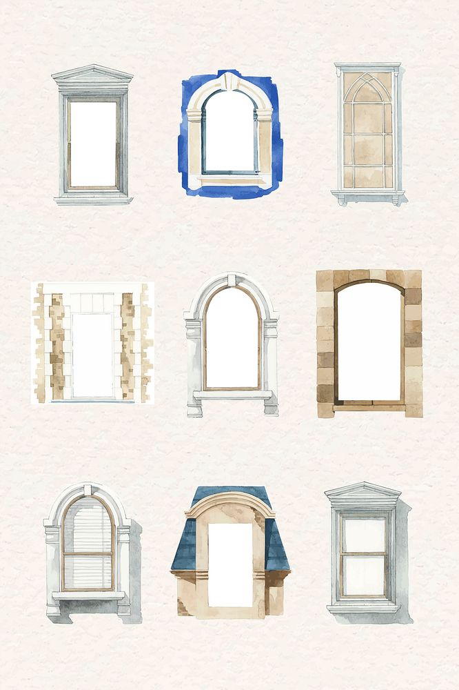 Vintage European window architecture vector set watercolor clipart