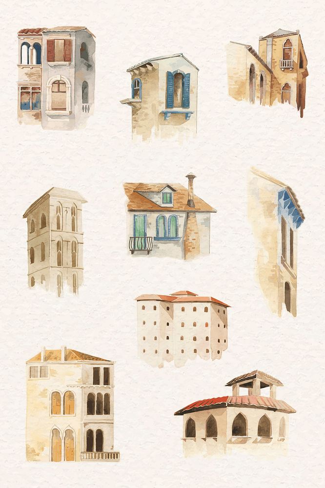 Vintage European architectural building watercolor set