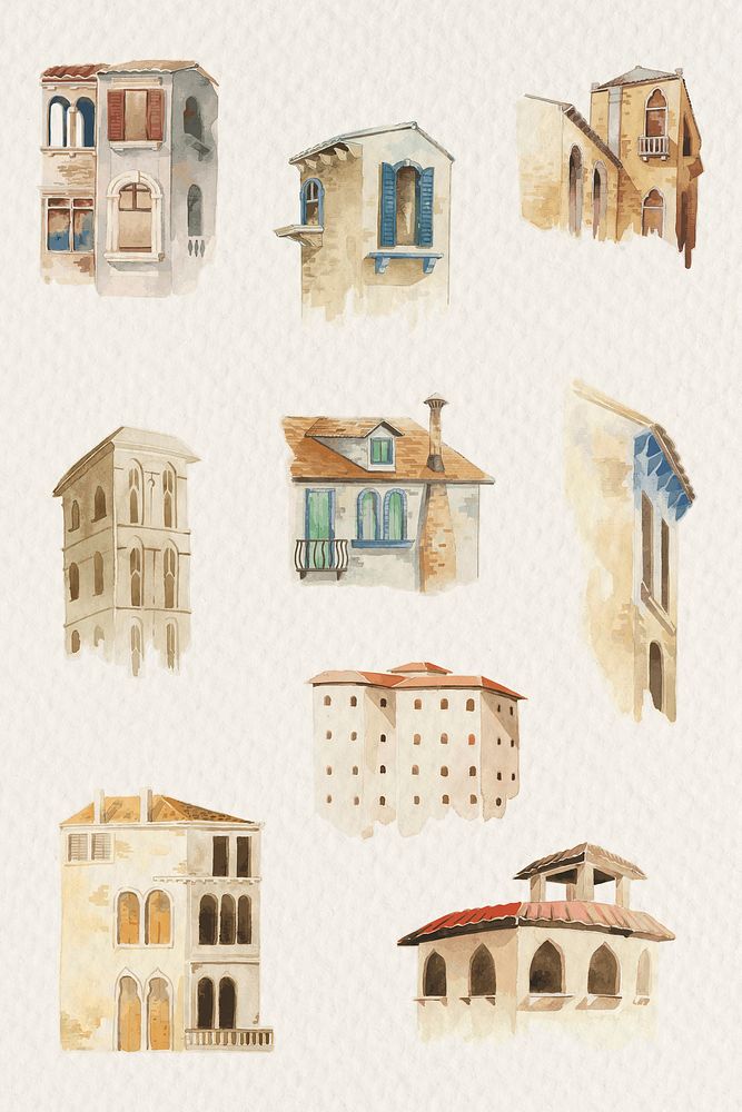 Psd old European building architecture watercolor illustration set