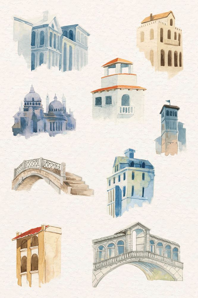 Vector old European architectural building watercolor collection