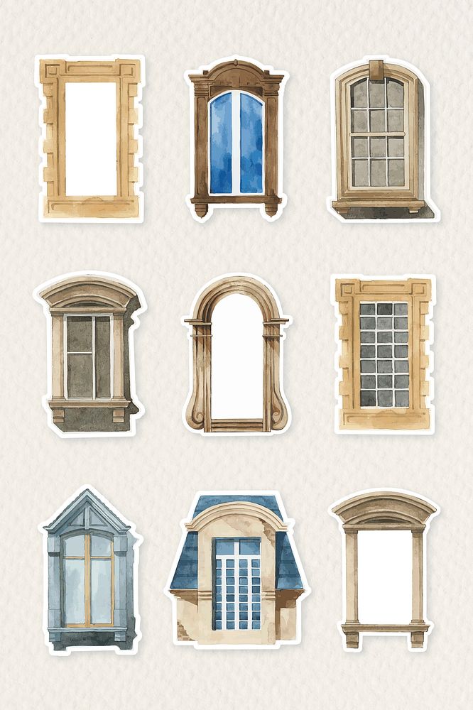 Vintage window watercolor architectural psd illustration set