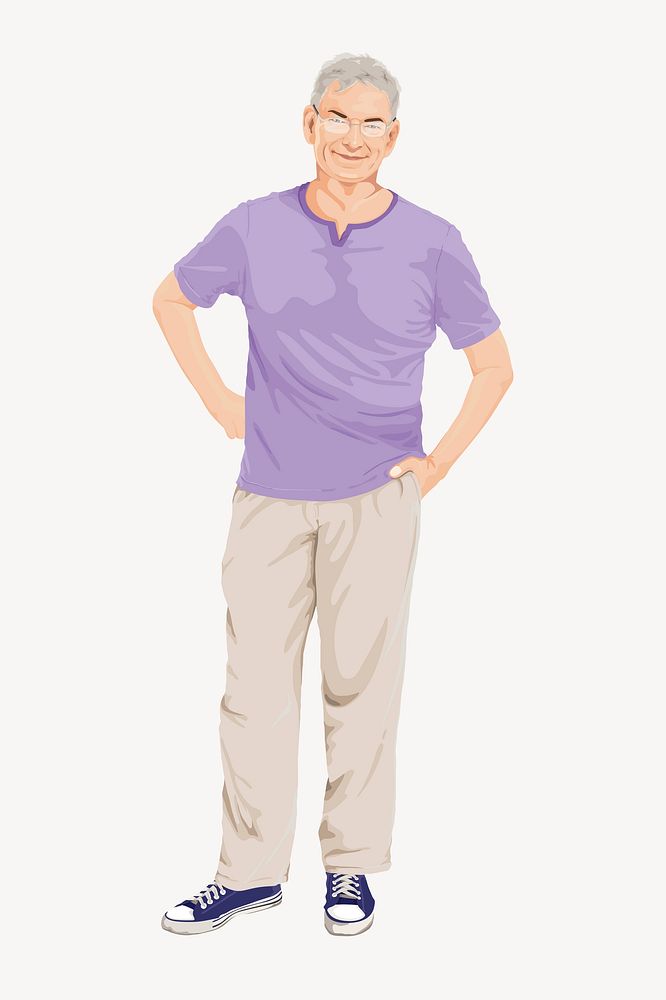 Senior man character, full body length illustration psd
