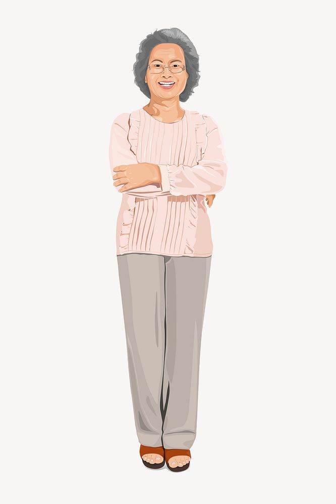 Senior Asian woman sticker, standing character illustration