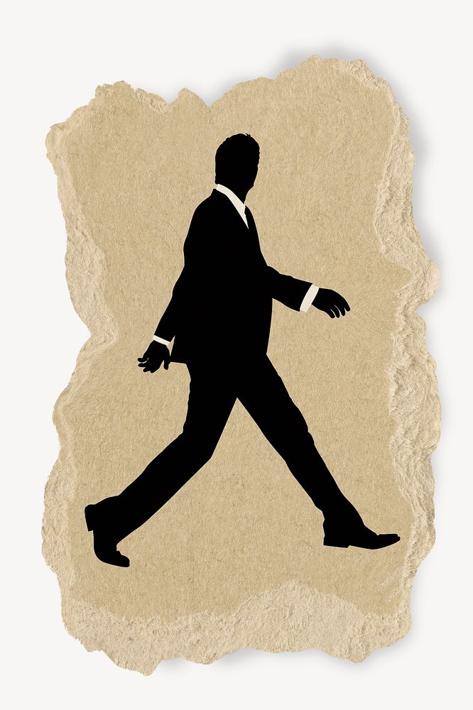 Walking businessman silhouette ripped paper, sticker collage element psd