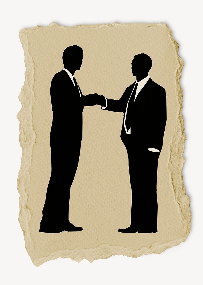 Handshake, businessmen silhouette ripped paper, sticker collage element  psd