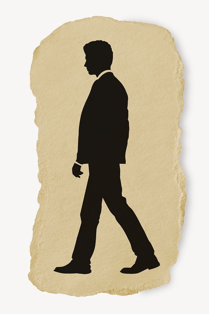 Businessman, walking silhouette torn paper, sticker collage element