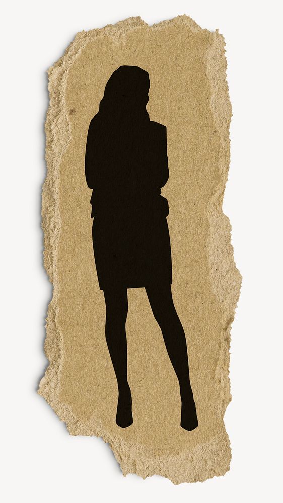 Standing businesswoman silhouette torn paper, sticker collage element
