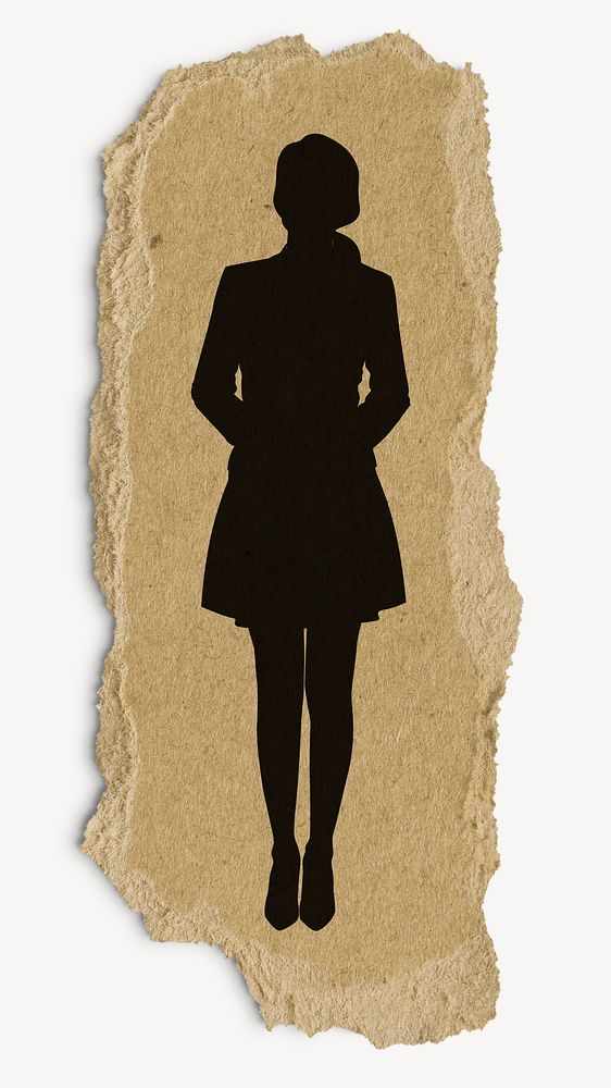 Standing businesswoman silhouette ripped paper, sticker collage element 