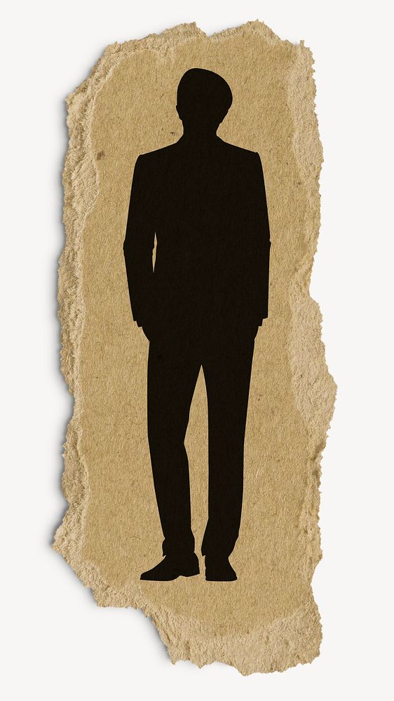 Standing businessman silhouette ripped paper, sticker collage element psd