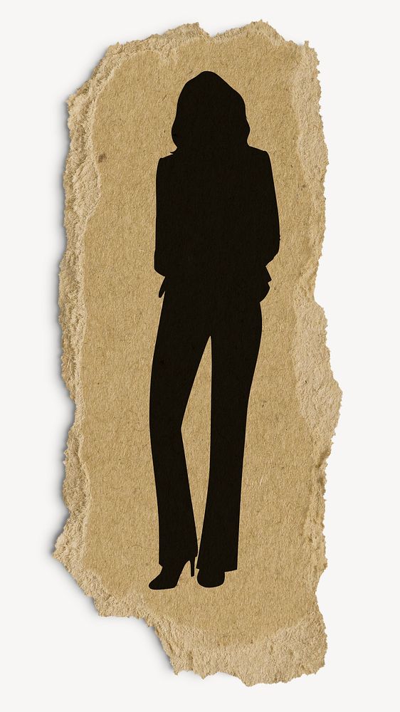 Standing businesswoman silhouette torn paper, sticker collage element
