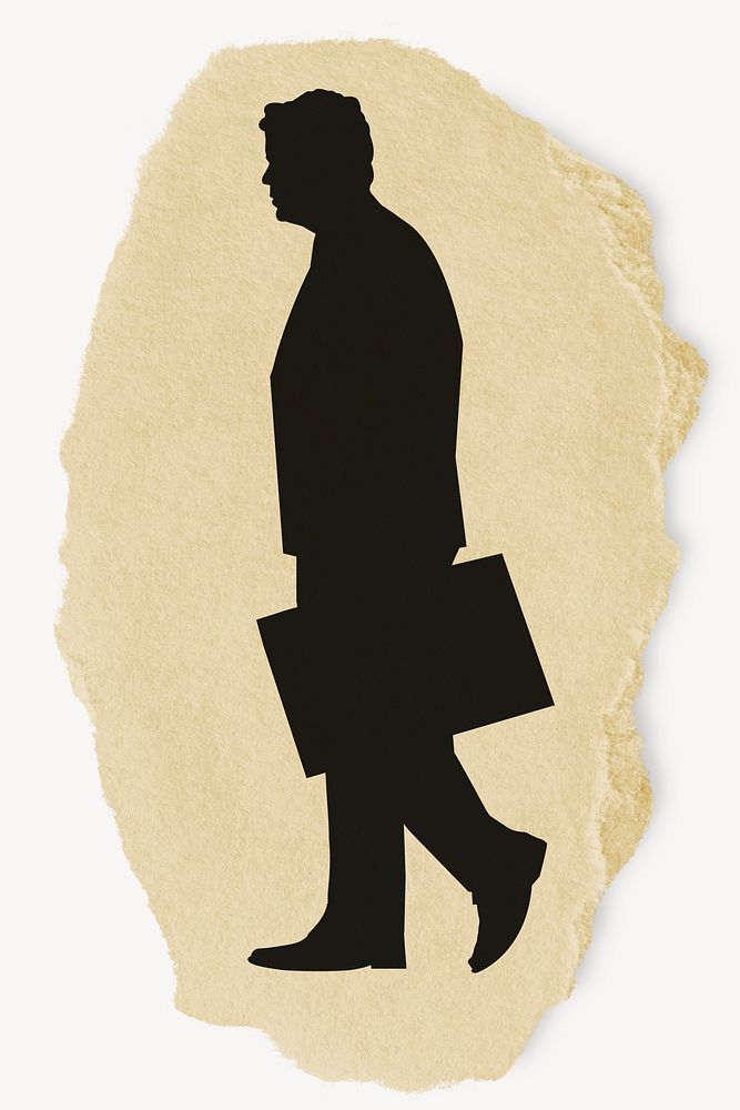 Businessman walking silhouette torn paper, sticker collage element psd