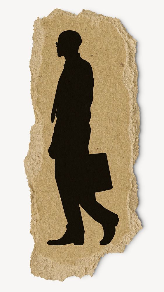 Businessman walking silhouette ripped paper, sticker collage element 