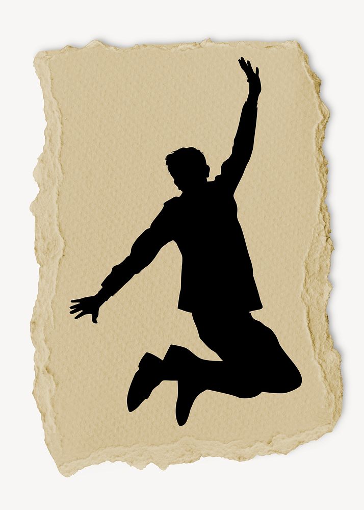 Businessman jumping silhouette ripped paper, sticker collage element
