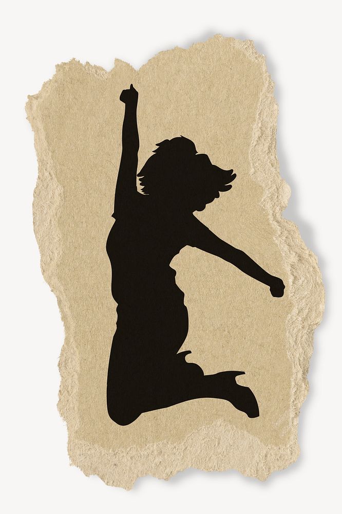 Happy woman silhouette ripped paper, sticker collage element torn 
