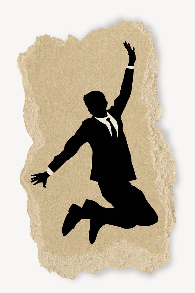 Happy businessman silhouette ripped paper, sticker collage element 