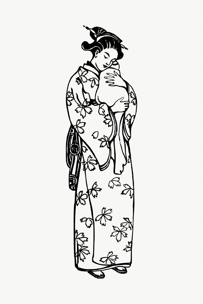 Japanese mother drawing, illustration vector. Free public domain CC0 image.