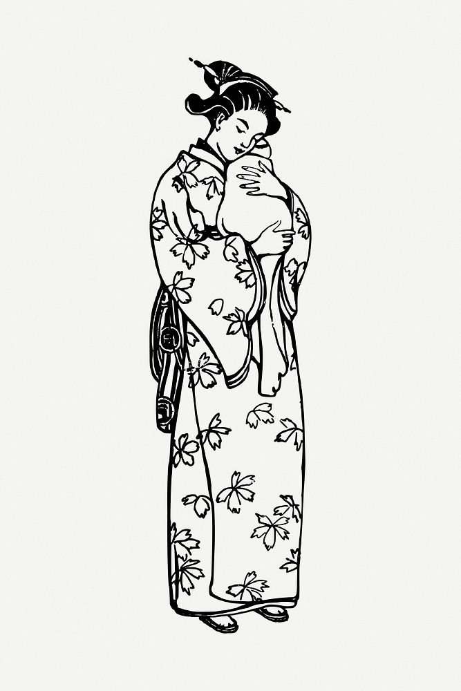 Japanese mother drawing, illustration psd. Free public domain CC0 image.