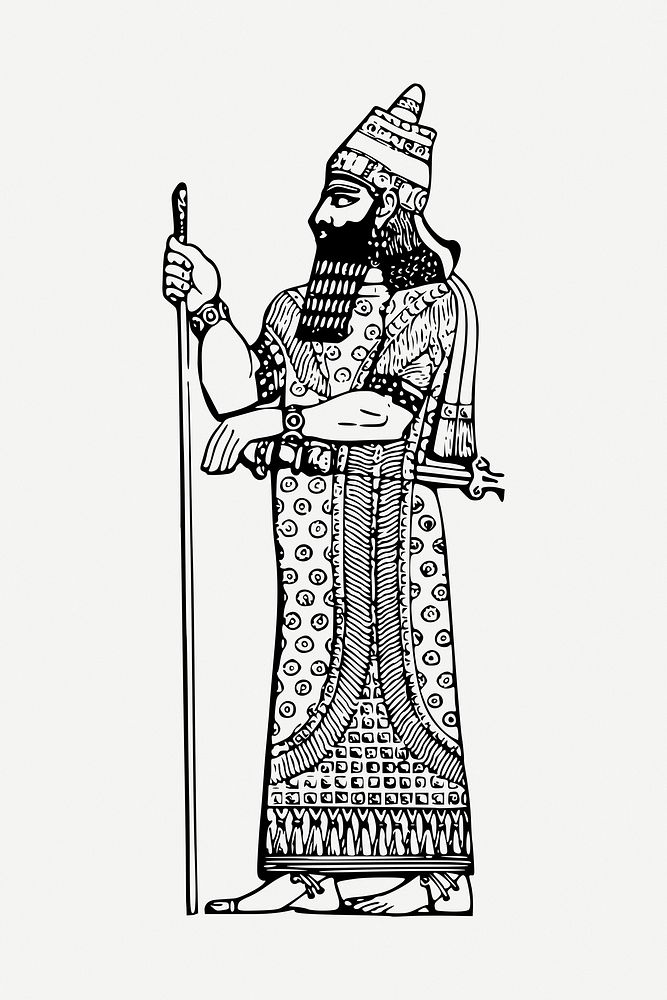 Assyrian king drawing, illustration psd. Free public domain CC0 image.