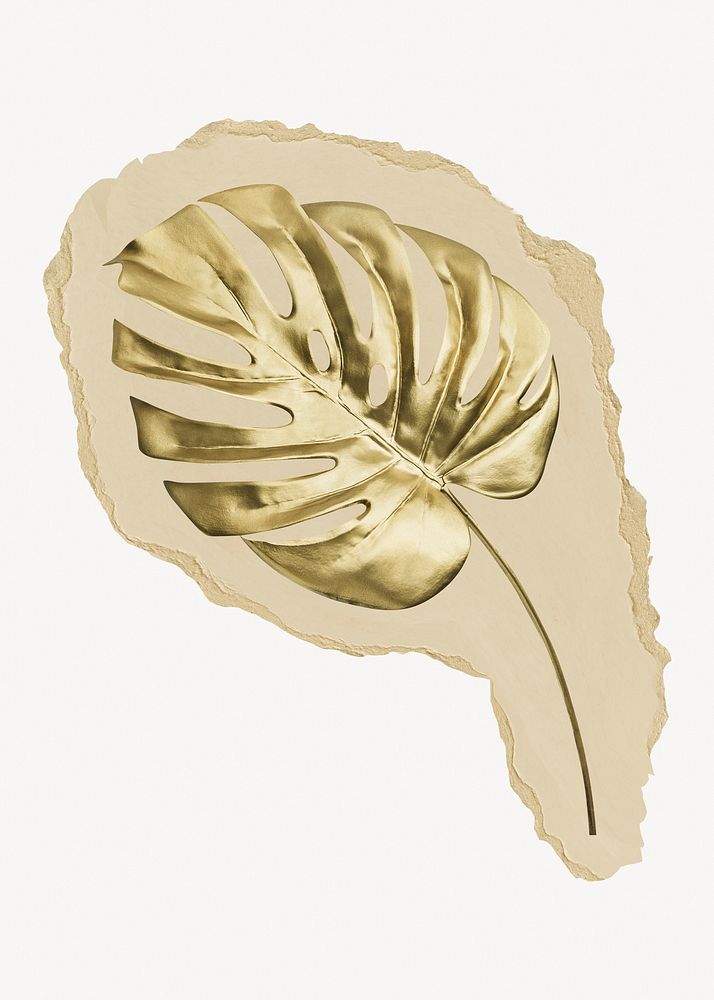 Gold monstera leaf, ripped paper collage element