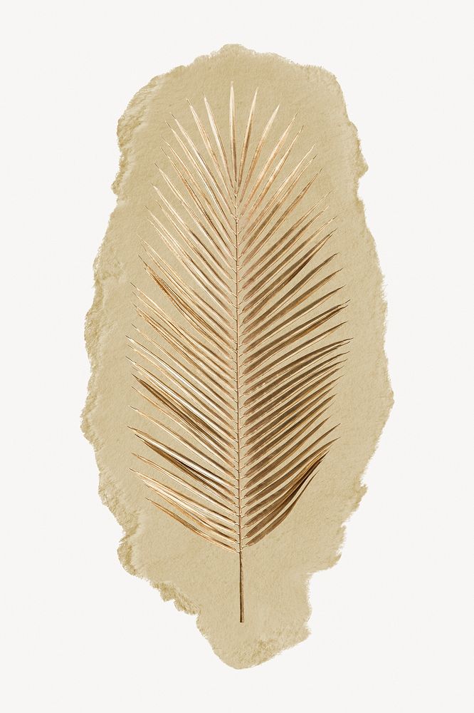 Gold palm leaf branch, ripped paper collage element