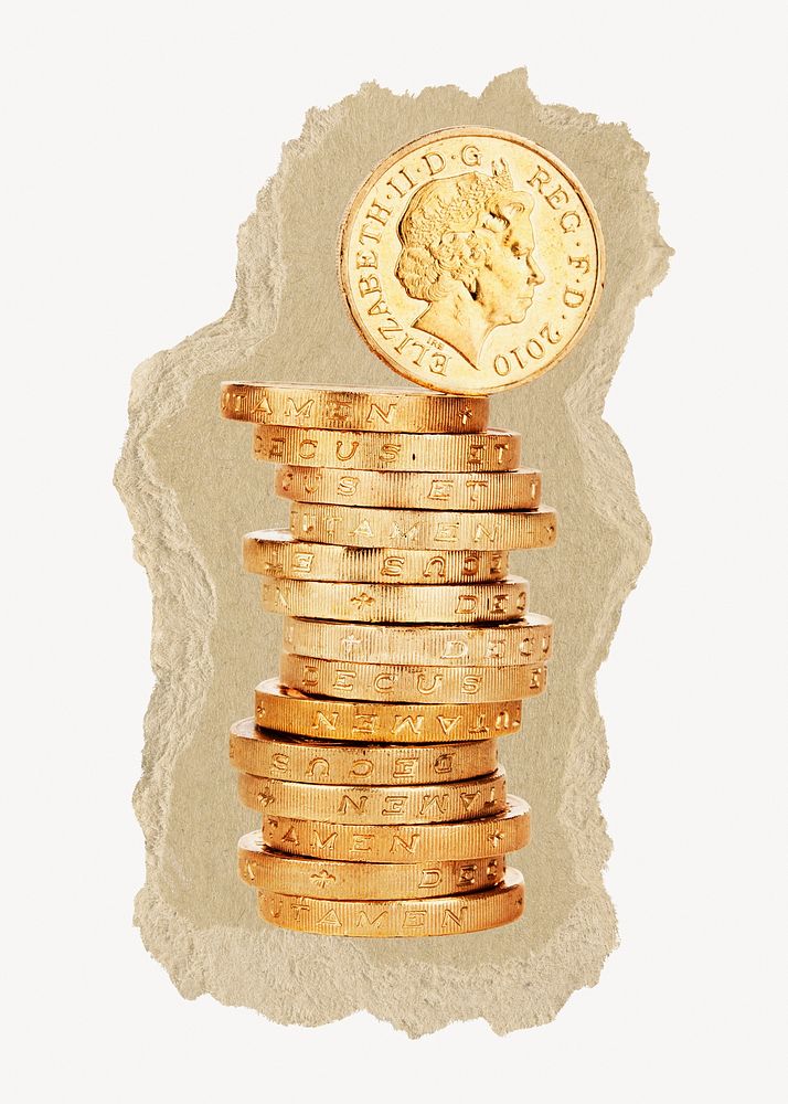 UK one pound coins on ripped paper. Location unknown, 1 JUNE 2022