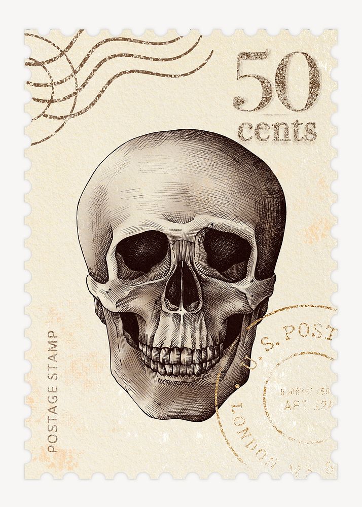 Skull vintage post stamp, dark academia aesthetic