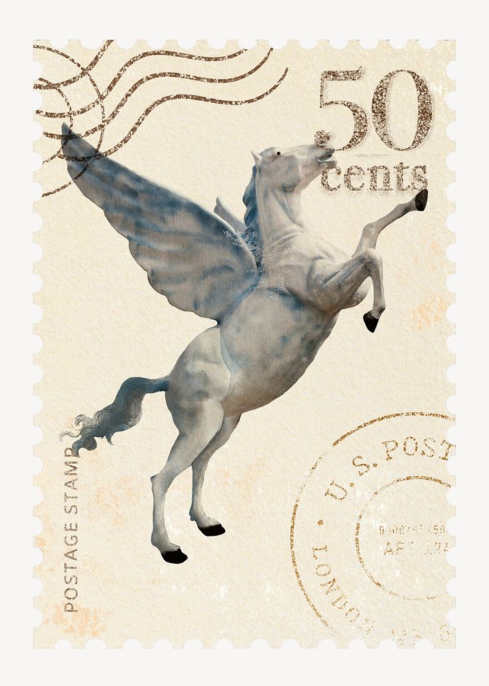 Pegasus postage stamp, dark academia aesthetic