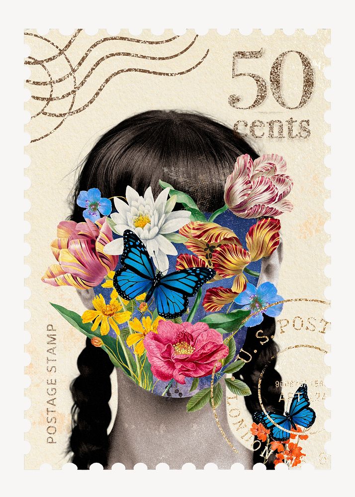 Flower girl collage art post stamp, surreal escapism