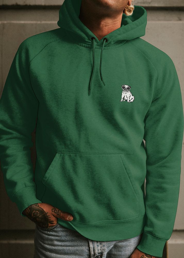 Men's green hoodie with dog logo, street fashion