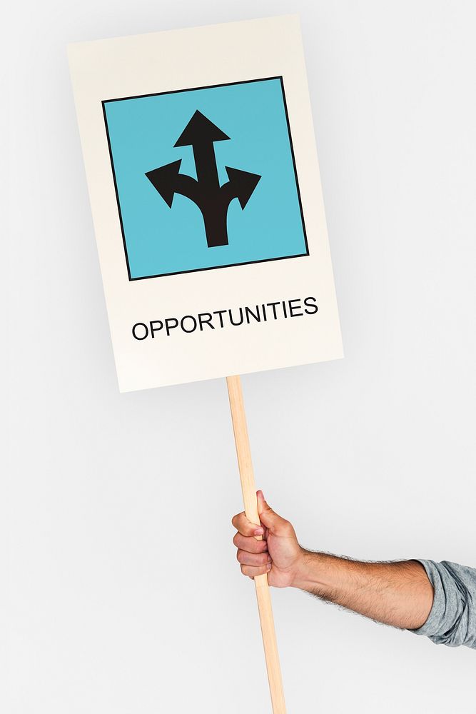 opportunities, change destination, map icon, hand holding stick board