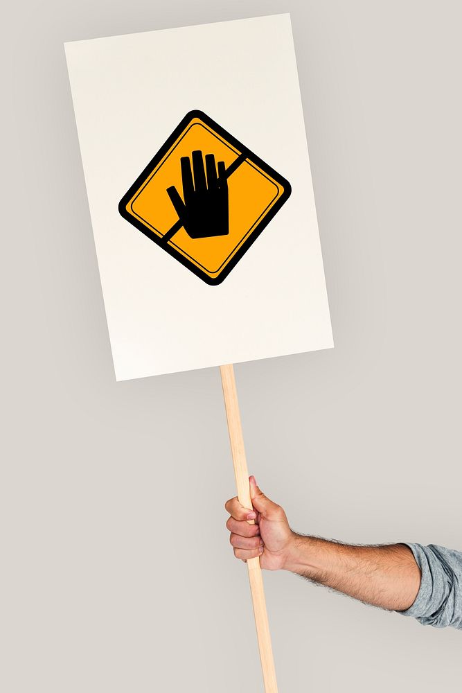 Studio Shoot Holding Banner with Don't Touch Caution Sign