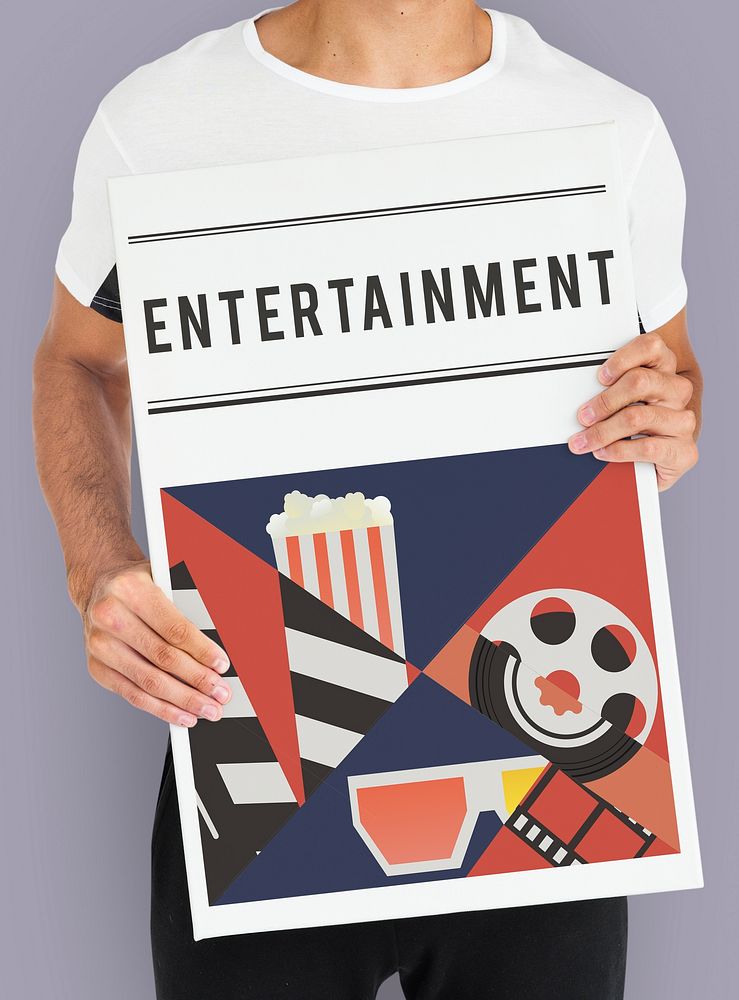 Man holding banner of movies theatre media entertainment