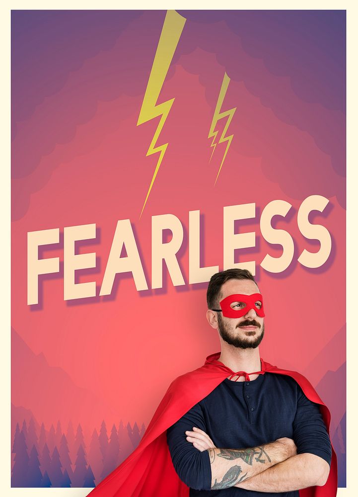 People with superhero custome and motivation word graphic