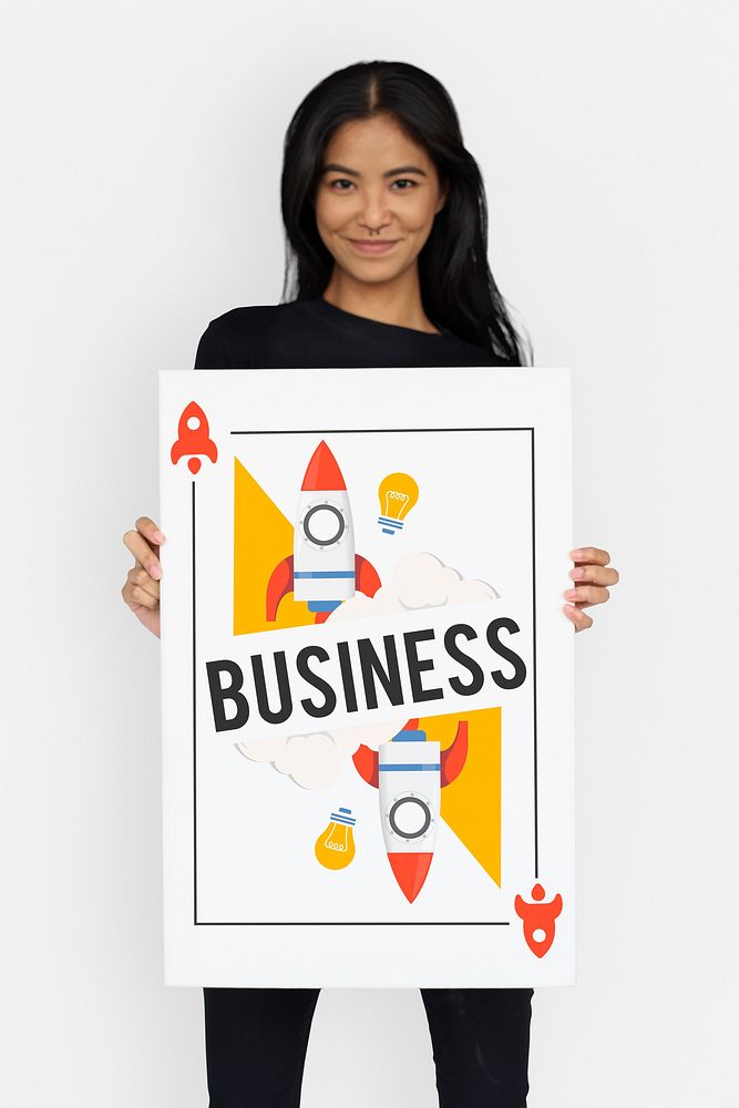 Woman holding billboard network graphic overlay