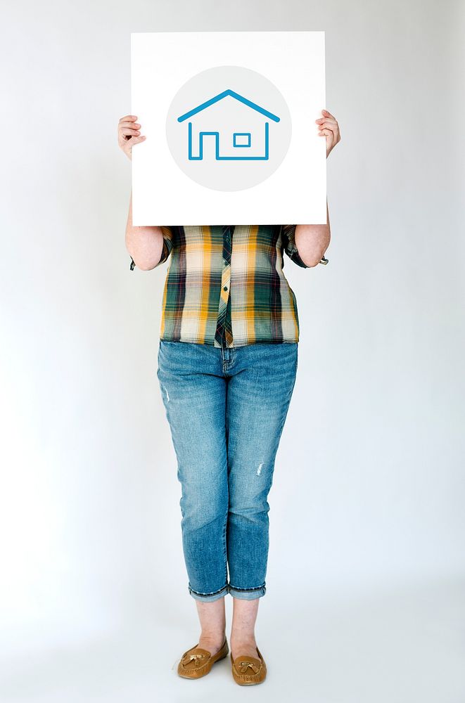 Woman holding billboard covering face network graphic overlay