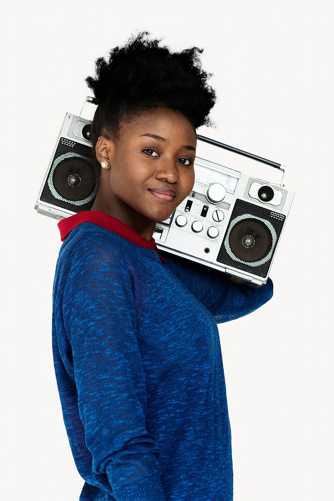 Black girl holding radio, people activity concept