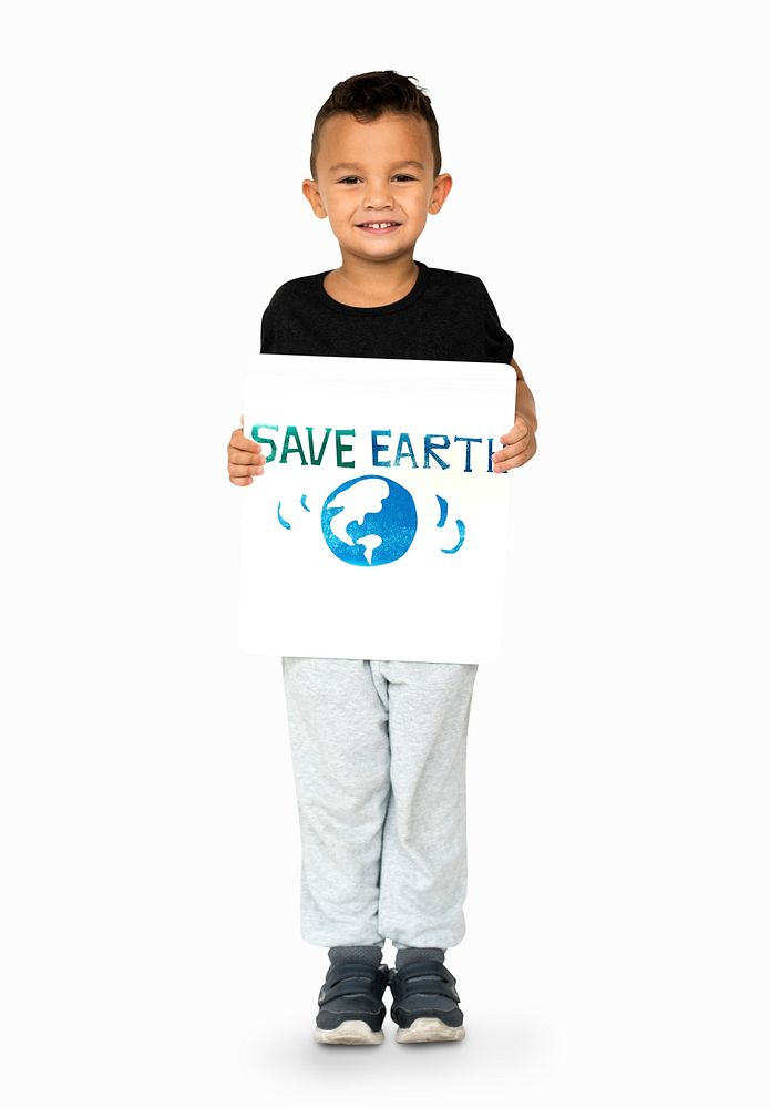 Little Boy with Recycle Sign Eco Friendly Save Earth Word Graphic