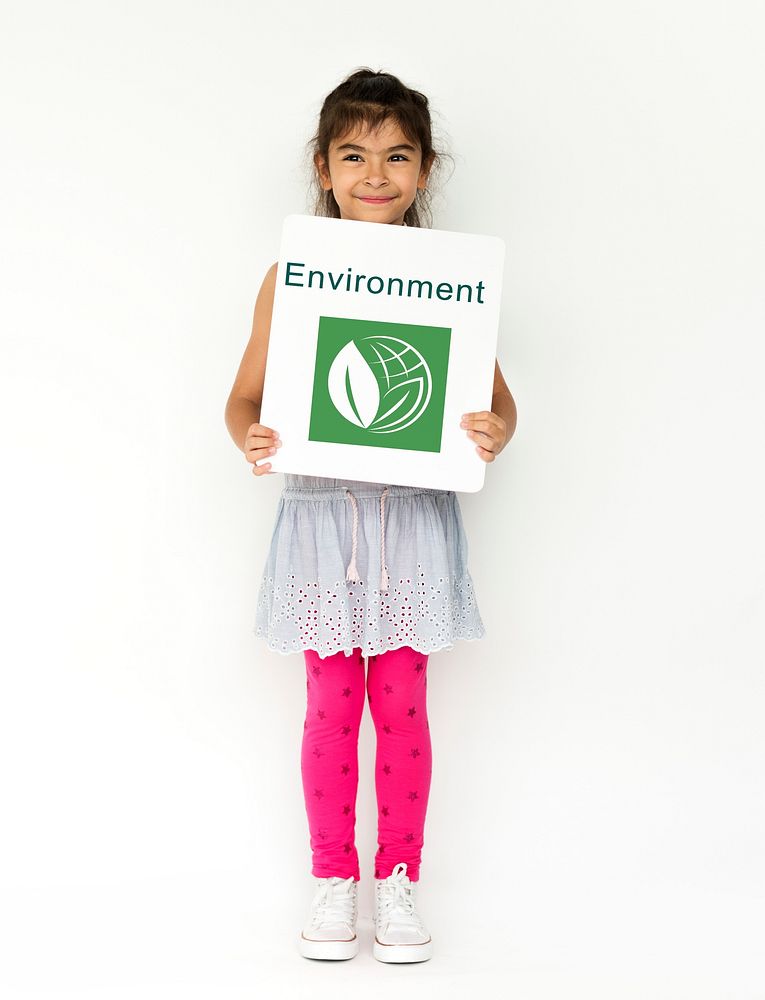 Little Girl with Recycle Sign Eco Friendly Save Earth Word Graphic