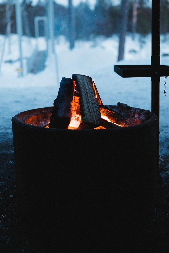 Flaming bonfire on a winter evening