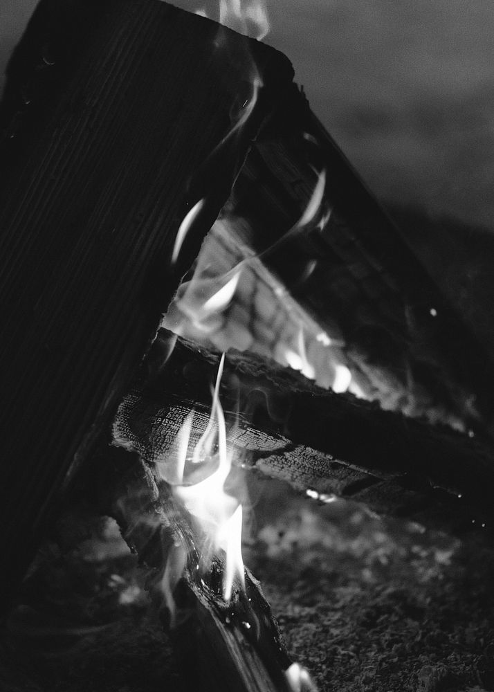 Flaming bonfire close up on a winter evening