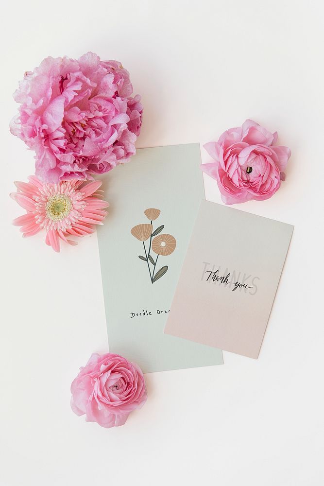 Pink flowers with cards