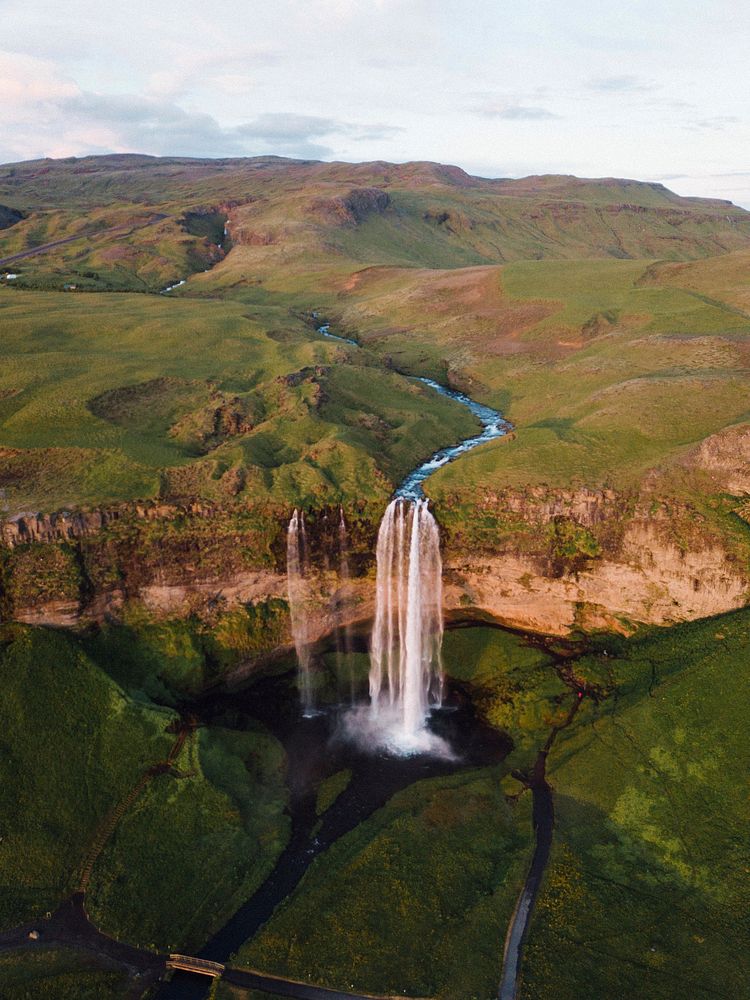 Drone shot of Seljalandsfoss waterfall in Iceland