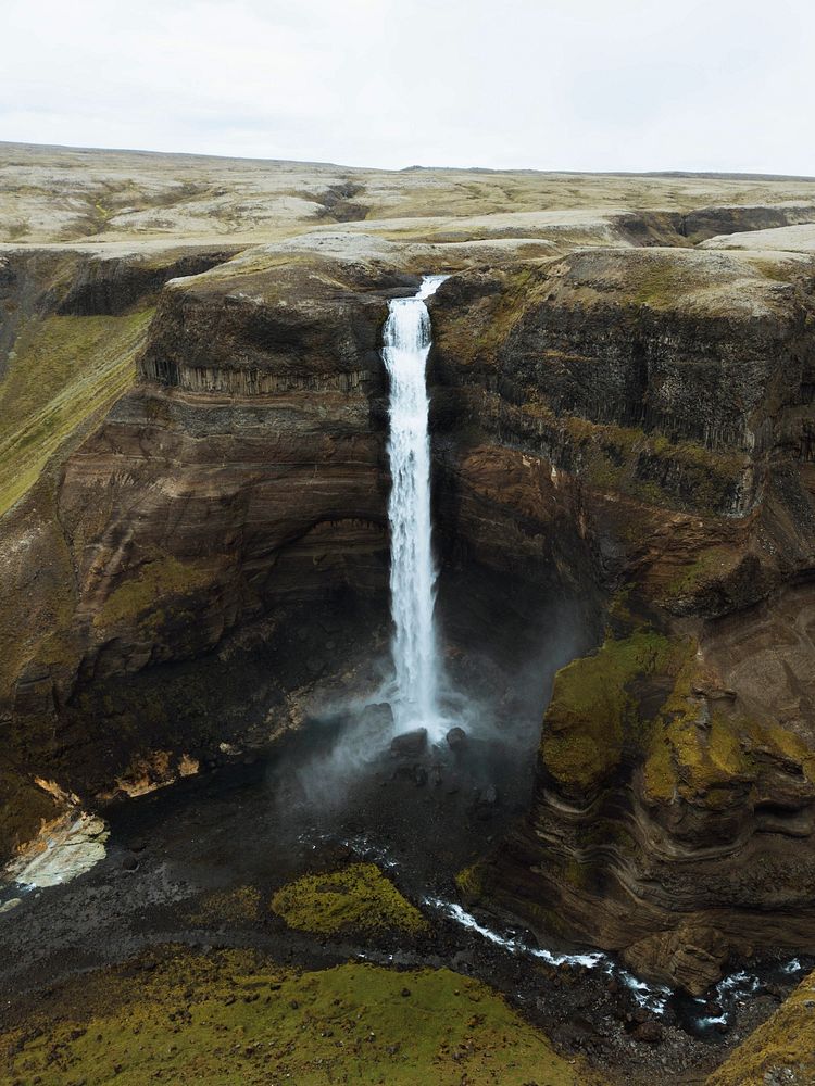 Drone shot of the Haifoss waterfall, Iceland